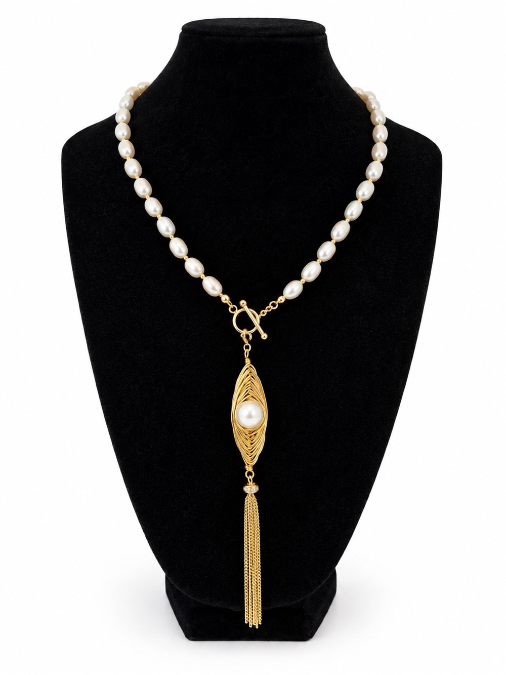 Handmade Freshwater Pearl Wire Wrapped Tassel Necklace Gold Tone